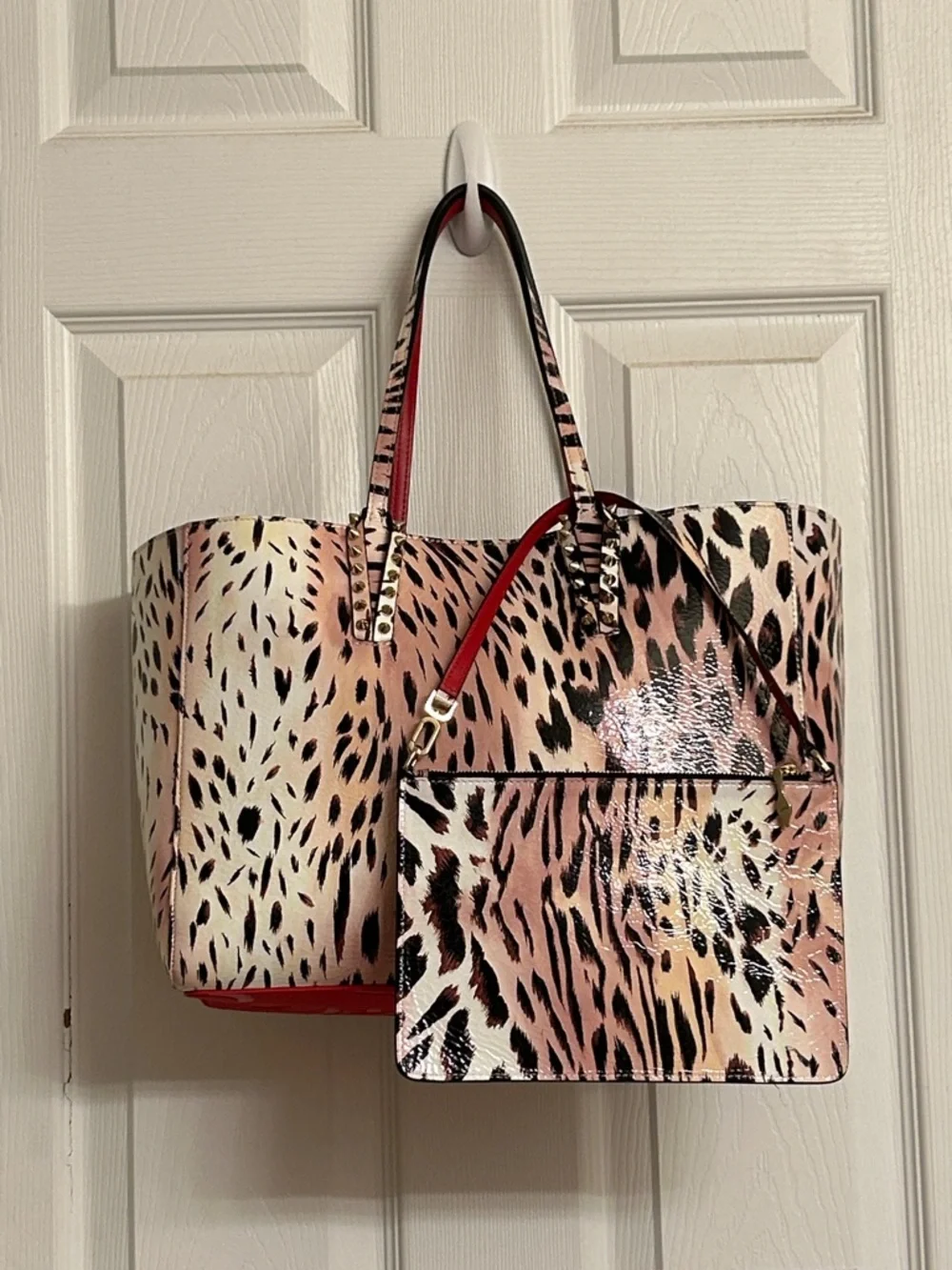 Christian Louboutin Cabata Beige Cheetah Leather Tote Matching Pouch Dust Bag